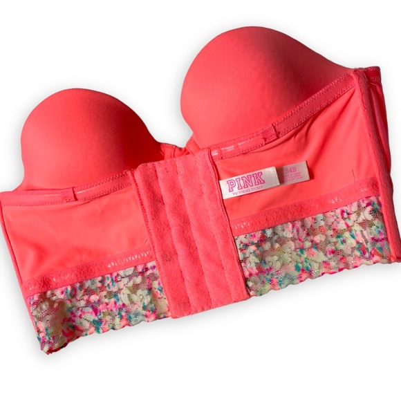 VS PINK Strapless Neon Orange Padded Bustier With Adjustable Straps Bra Size 34B - Picture 10 of 12